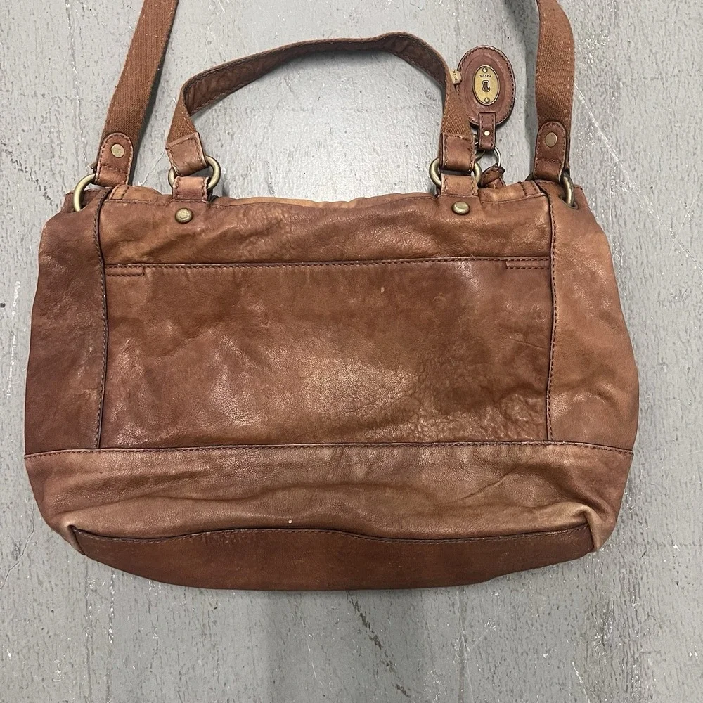 Fossil Leather Satchel Crossbody Bag Cognac Brown Brass Turnlock Key Charm Purse